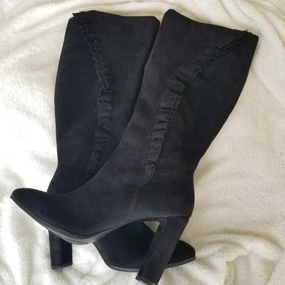 Below the Knee Black Suede Looking Ruffled Side Zippered Boots Size 10 4” Heel - Picture 15 of 16